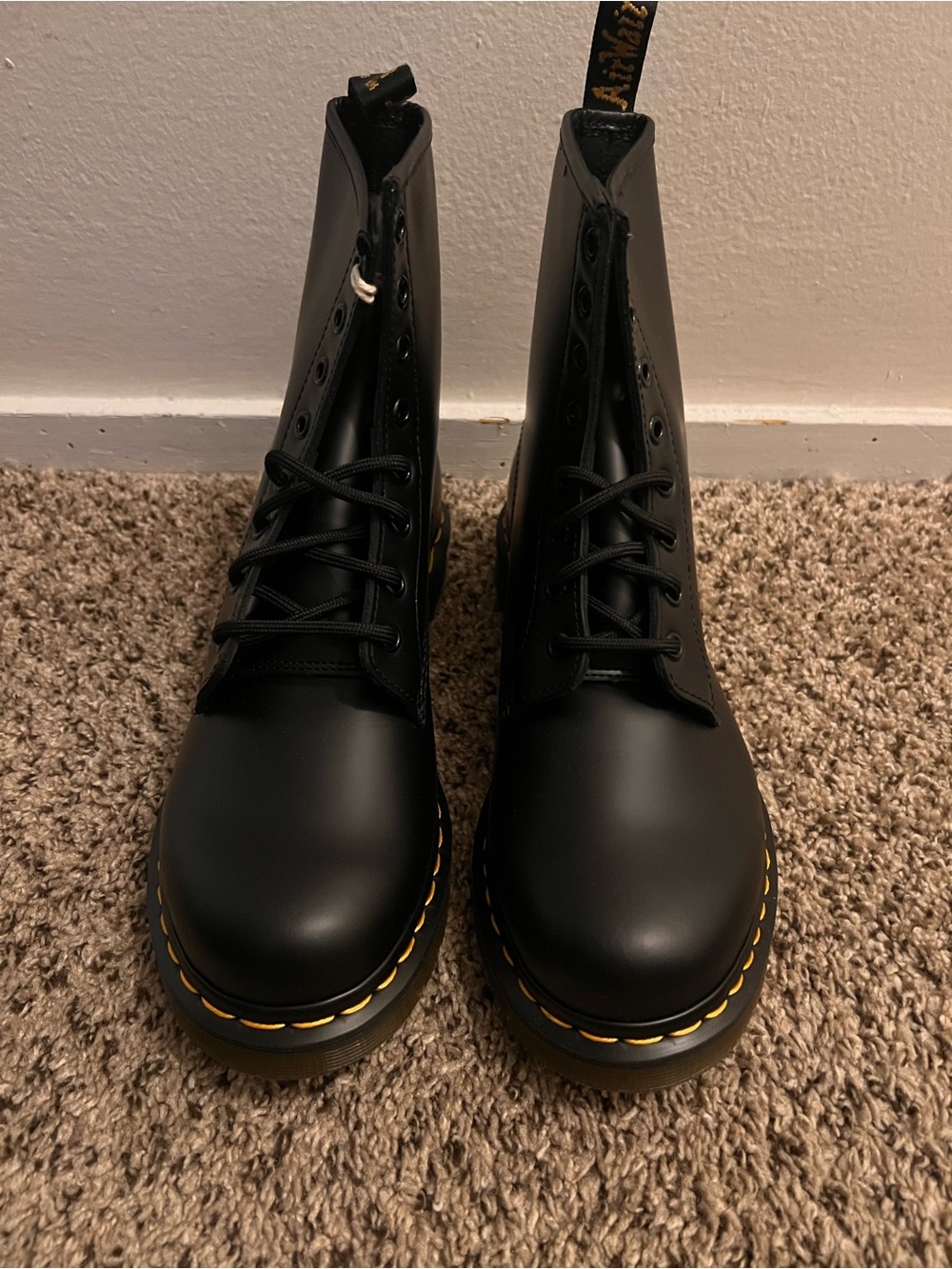 Dr. Martens Women’s Black 8-Eye Lace-Up Leather Boots with Yellow Welt Stitching - Picture 4 of 7